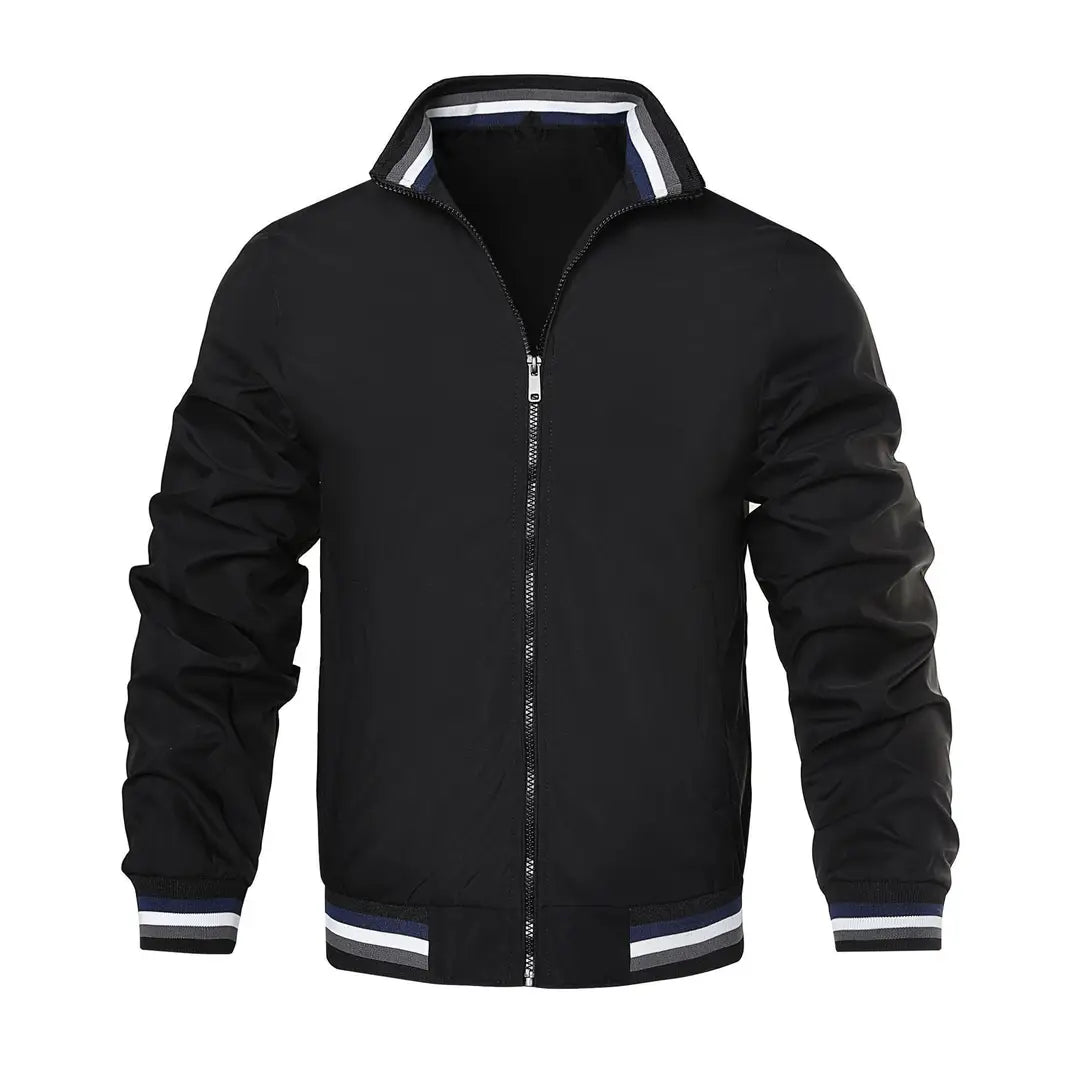 Men's zip winter jacket with striped collar and cuffs