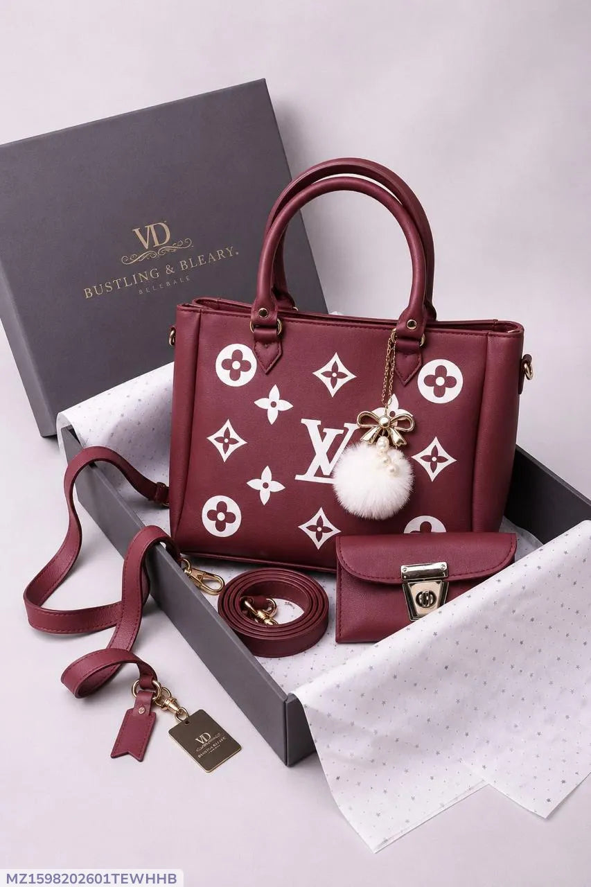 Two piece maroon leather handbag set