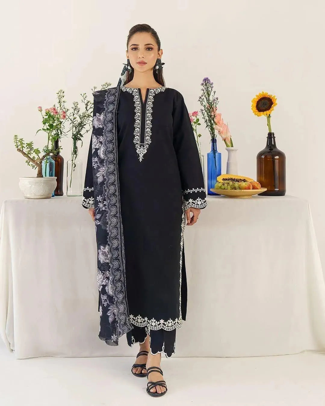 Unstitched embroidered lawn suit in black, three piece