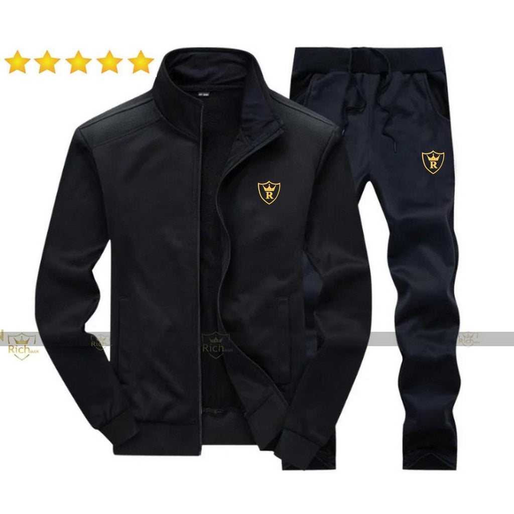Men's Fleece Winter Track Suit - Black 2-Piece, Collar Neck