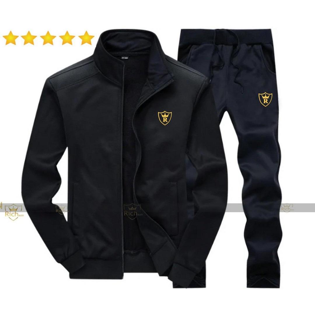 Men's Fleece Winter Track Suit - Black 2-Piece, Collar Neck
