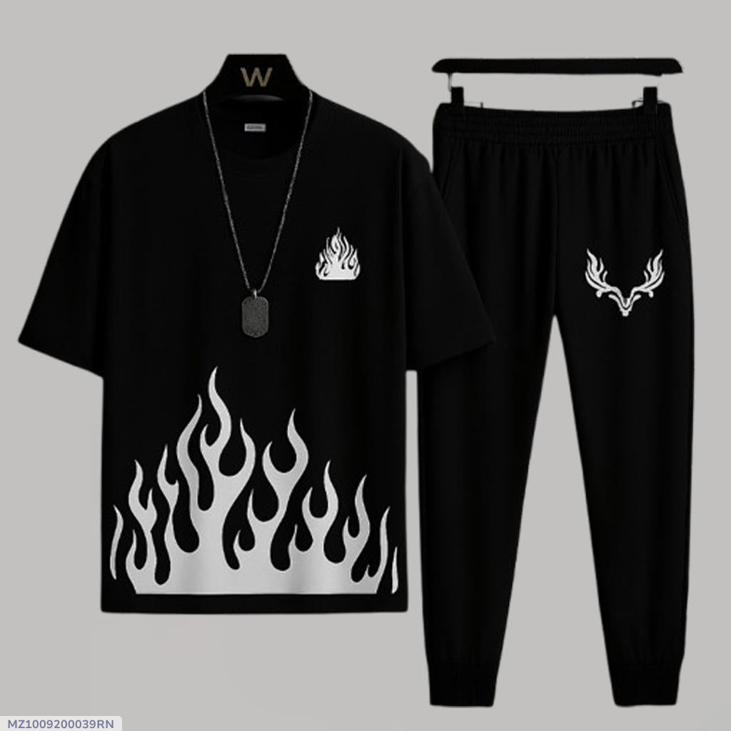 Men's Flame Print Track Suit - Black 2-Piece, Micro Fabric - view 4