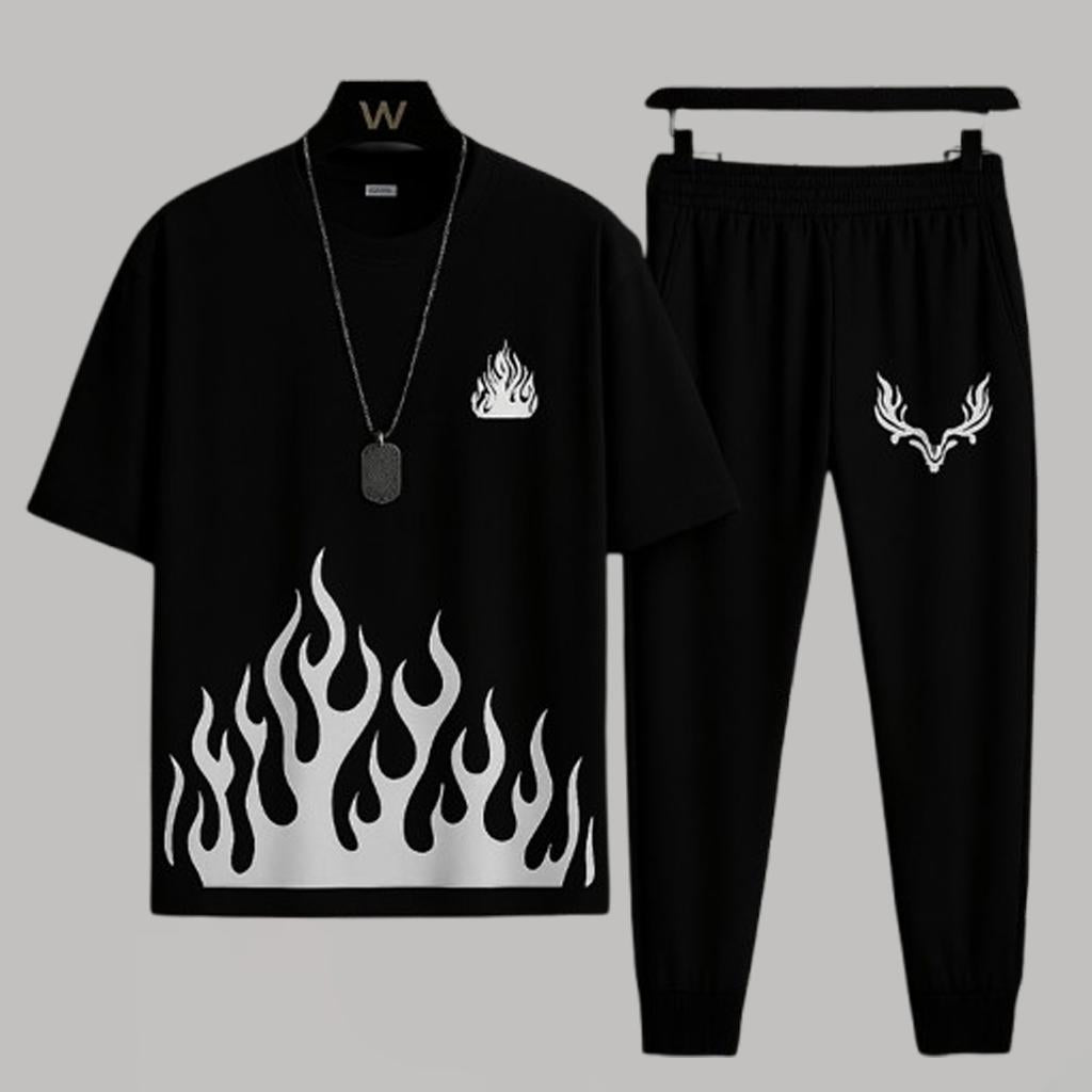 Men's Flame Print Track Suit - Black 2-Piece, Micro Fabric