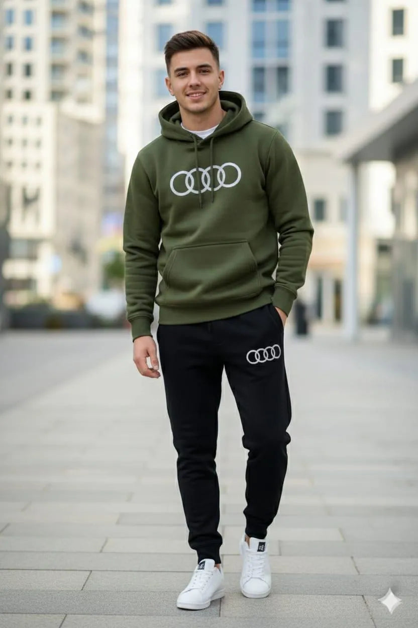 Men's Hoodie Track Suit - Olive Green with Black Joggers - view 2