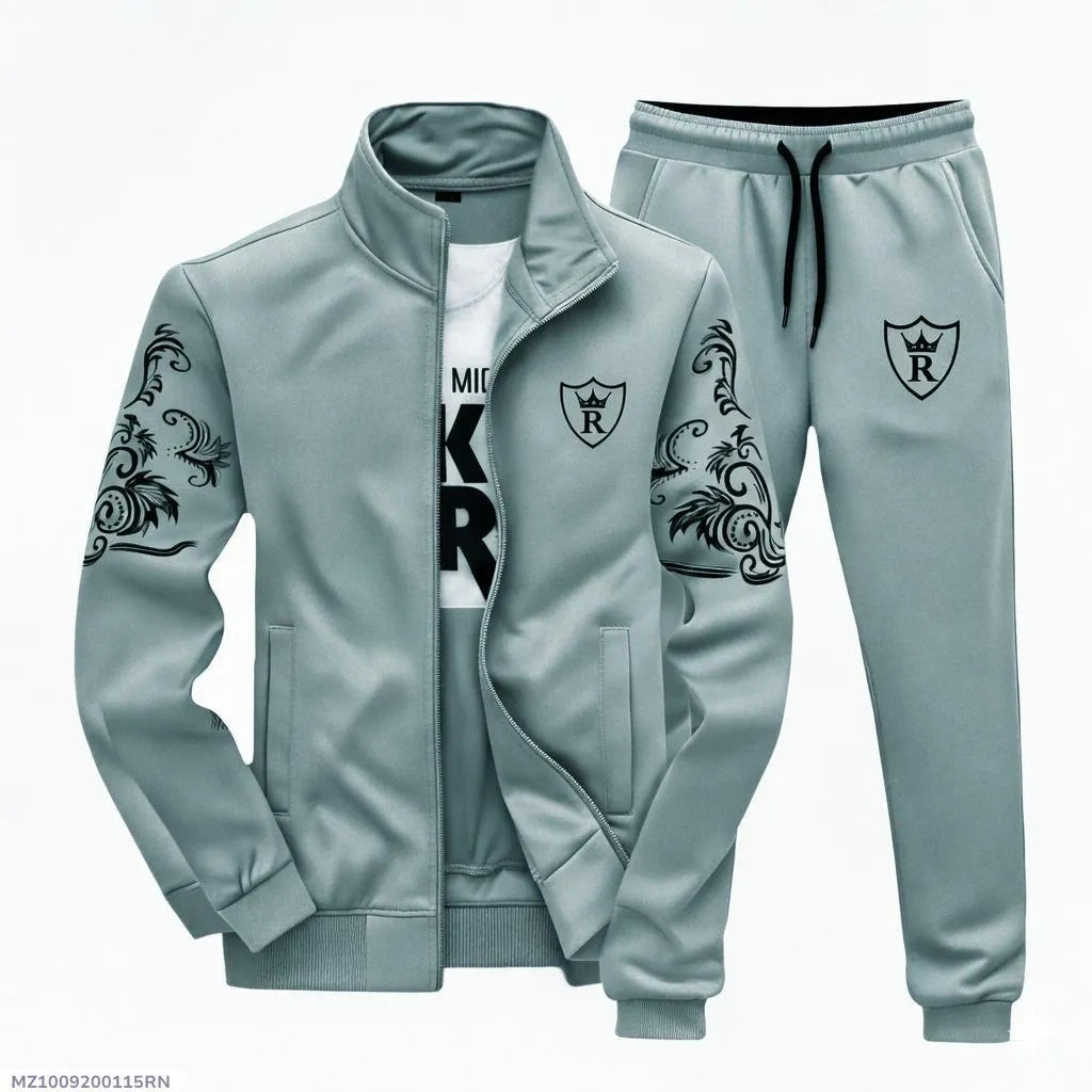 Men's Printed Fleece Track Suit - Grey, Slim Fit Winter - view 7