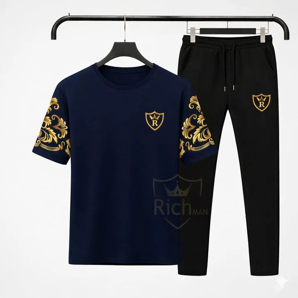 Men's Cotton Tracksuit - Royal Blue with Gold Sleeves