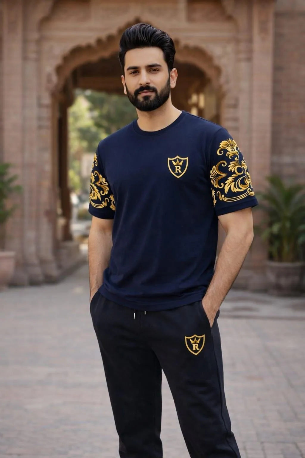 Men's Cotton Tracksuit - Royal Blue with Gold Sleeves - view 2