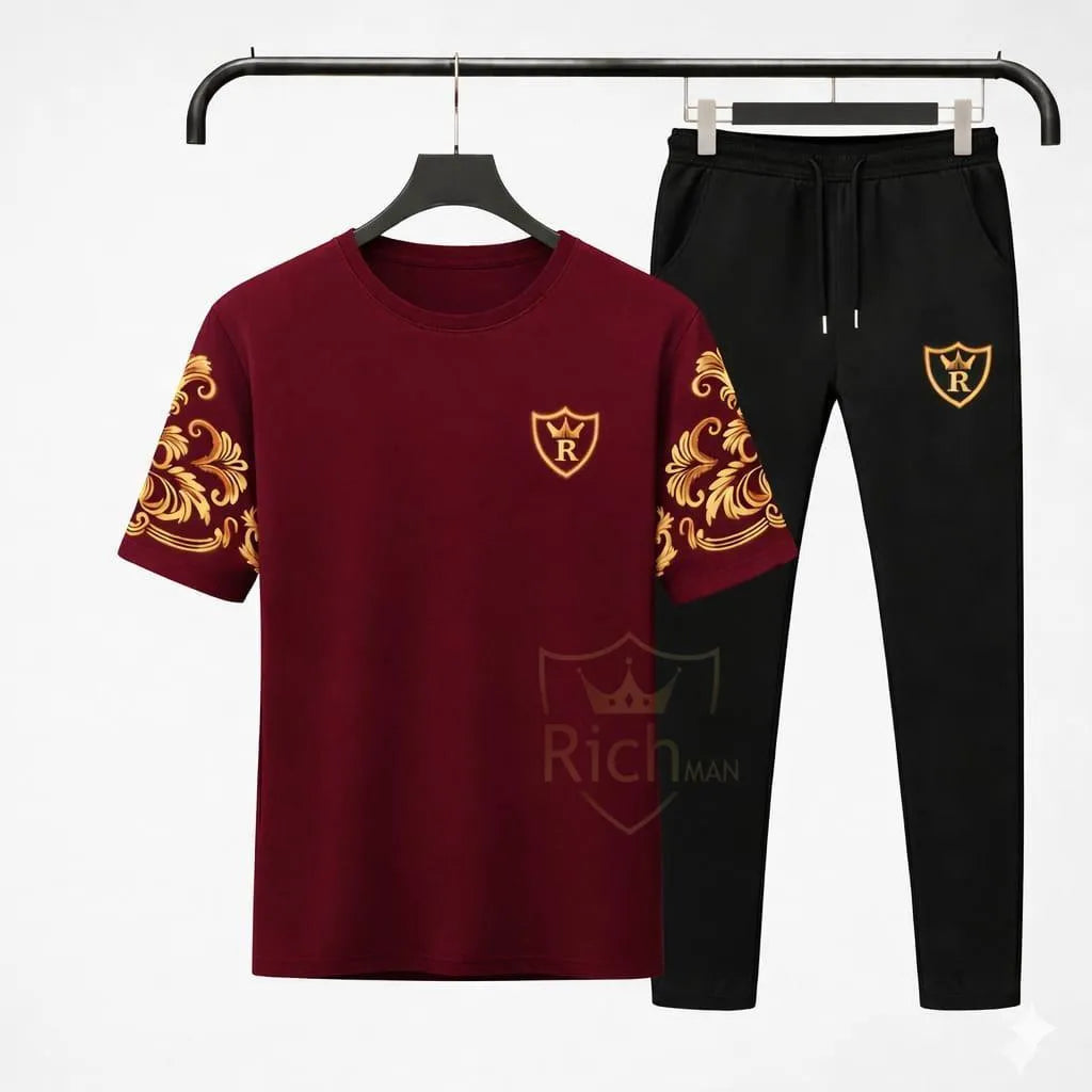Men's Royal Print Track Suit - Maroon Cotton, Summer Set