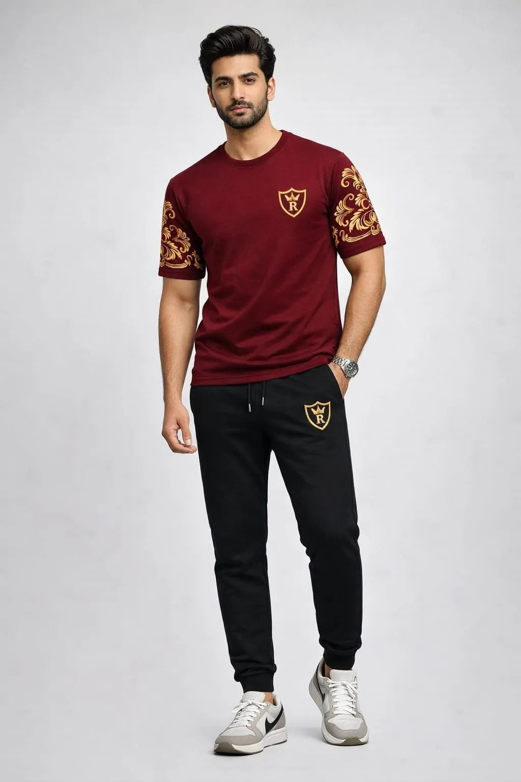 Men's Royal Print Track Suit - Maroon Cotton, Summer Set - view 2