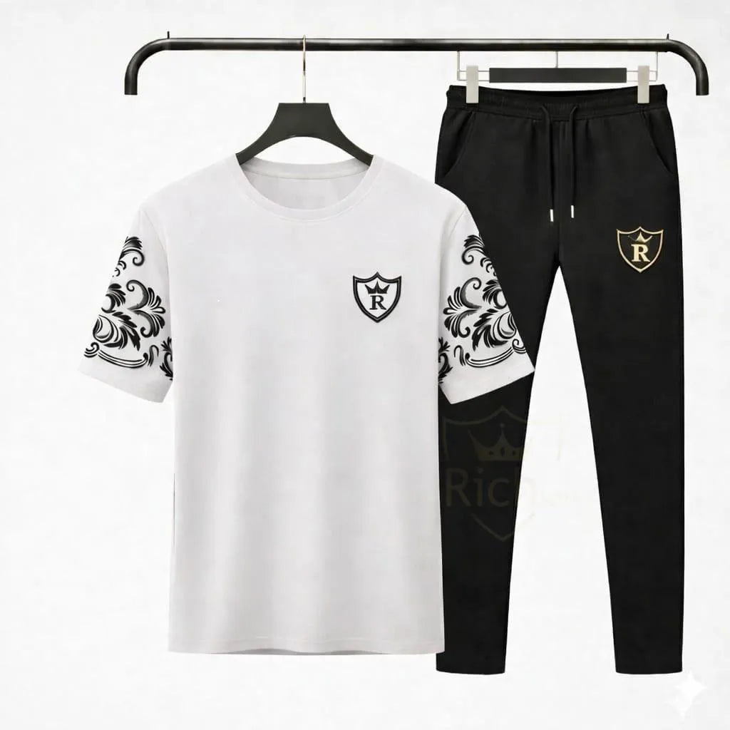 Men's Royal Crest Summer Track Suit - White & Black Cotton