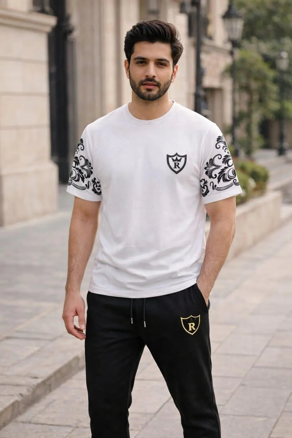 Men's Royal Crest Summer Track Suit - White & Black Cotton - view 2