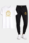 Men's Gold Crest Print Track Suit - White Cotton, Black Joggers