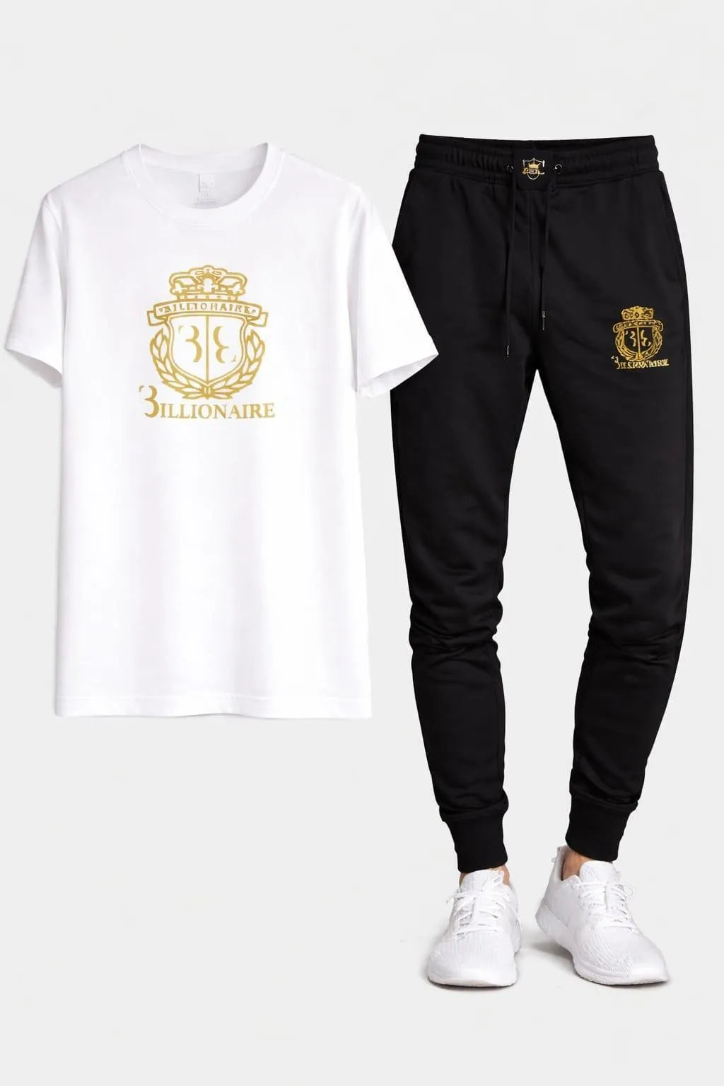 Men's Gold Crest Print Track Suit - White Cotton, Black Joggers