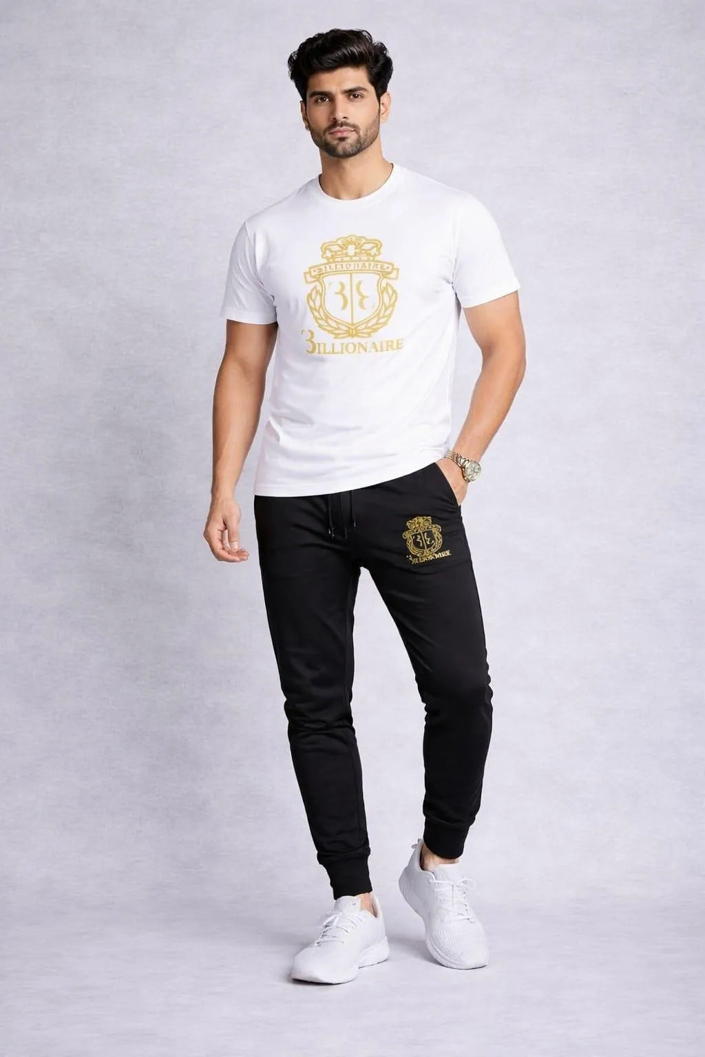 Men's Gold Crest Print Track Suit - White Cotton, Black Joggers - view 2