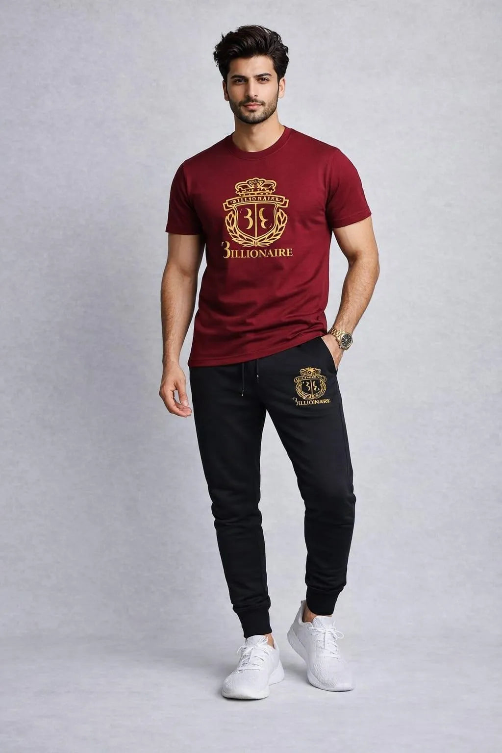 Men's Gold Crest Print Track Suit - Maroon with Black Joggers - view 2