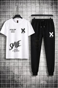 Men's Graphic Print Track Suit - White & Black Cotton, 2 Piece