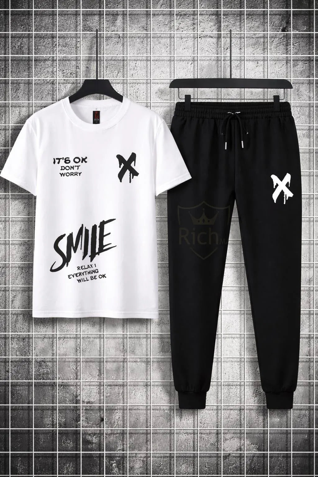 Men's Graphic Print Track Suit - White & Black Cotton, 2 Piece