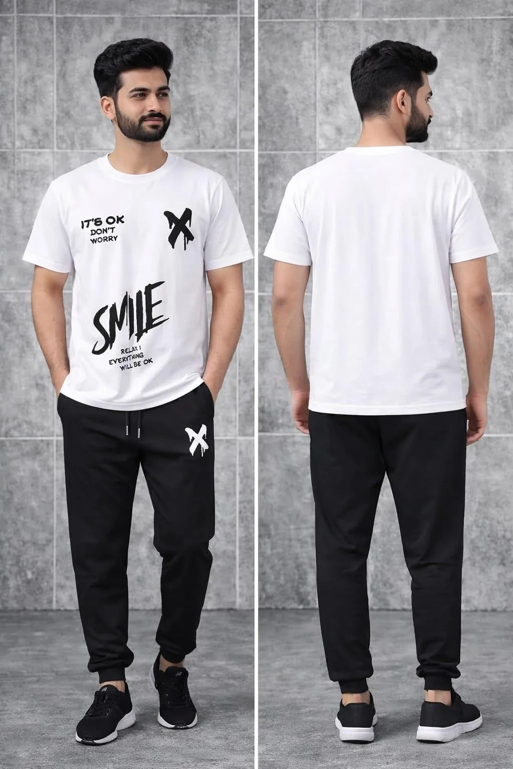 Men's Graphic Print Track Suit - White & Black Cotton, 2 Piece - view 2