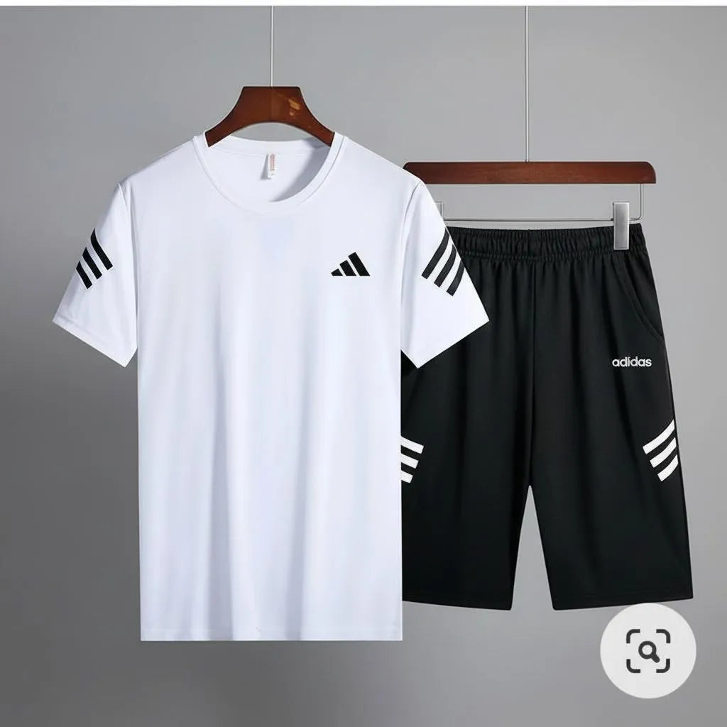 Men's T-Shirt & Shorts Set - White & Black, Summer Casual