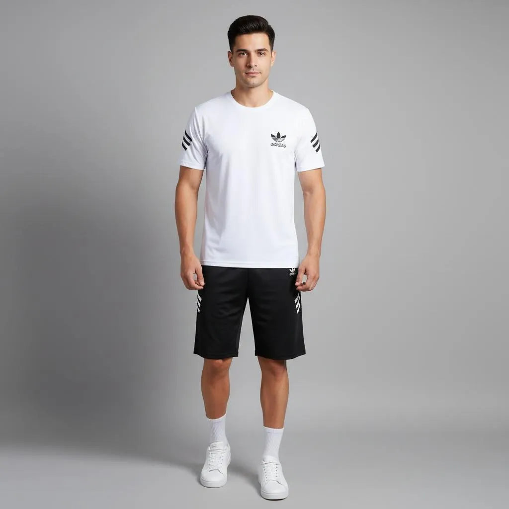 Men's T-Shirt & Shorts Set - White & Black, Summer Casual - view 2