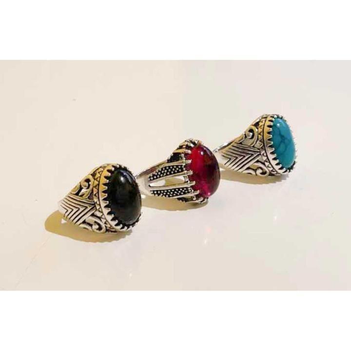Turkish-Inspired Men's Ring Set of 3 Silver Plated Black Turquoise Red - view 2