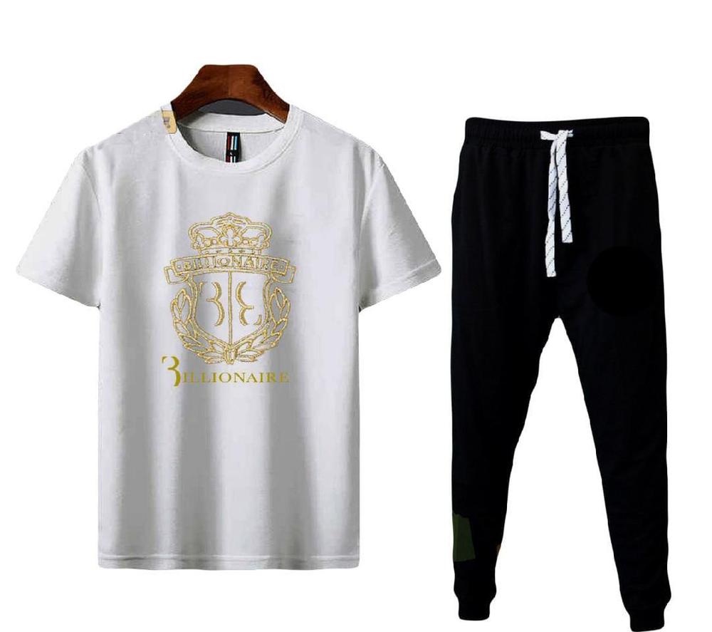 Men's Gold Crest Print Track Suit - White Polyester, Black Joggers
