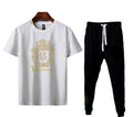 Men's Gold Crest Print Track Suit - White Polyester, Black Joggers