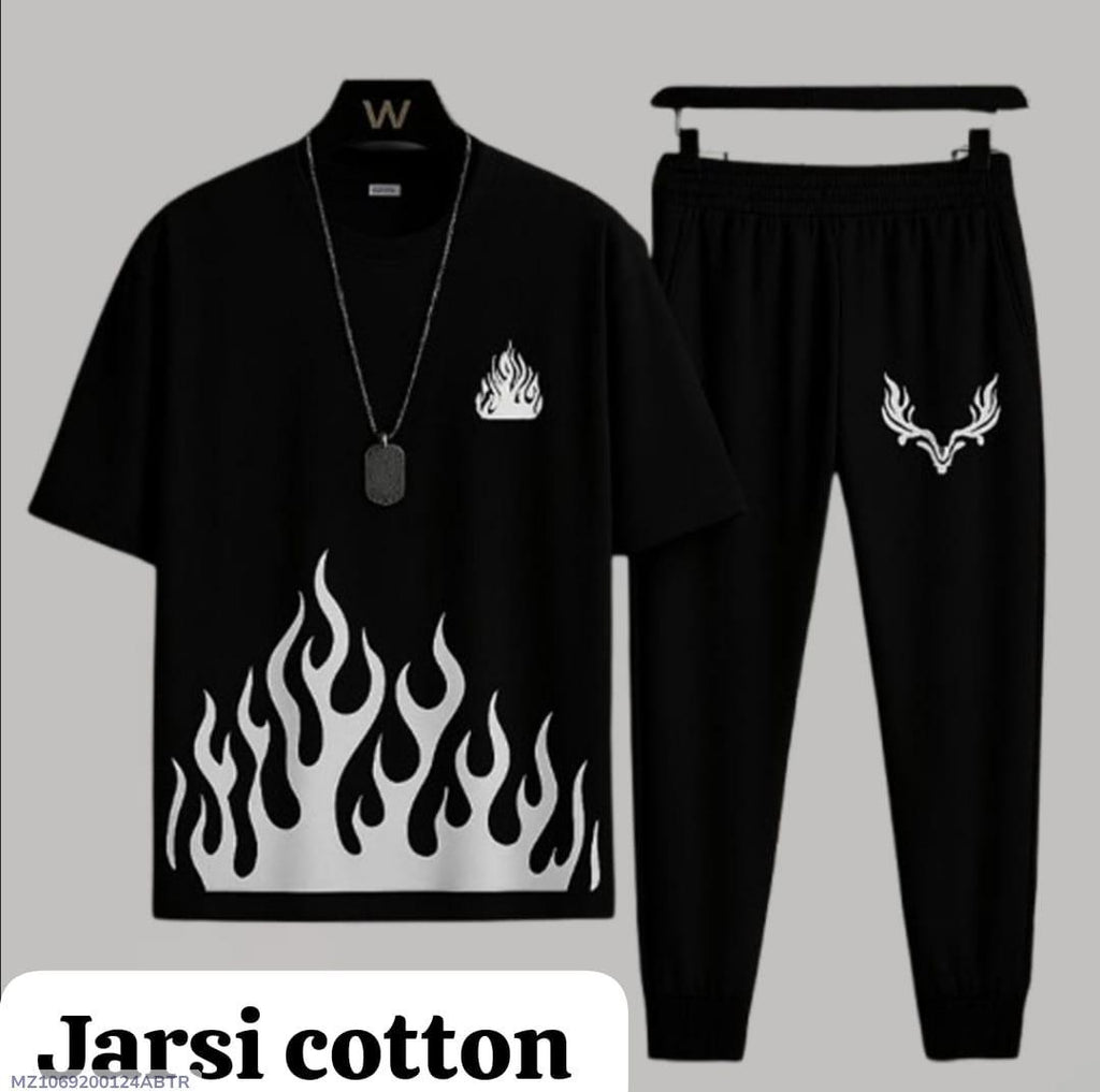 Men's Flame & Deer Print Cotton Track Suit - Black - view 5