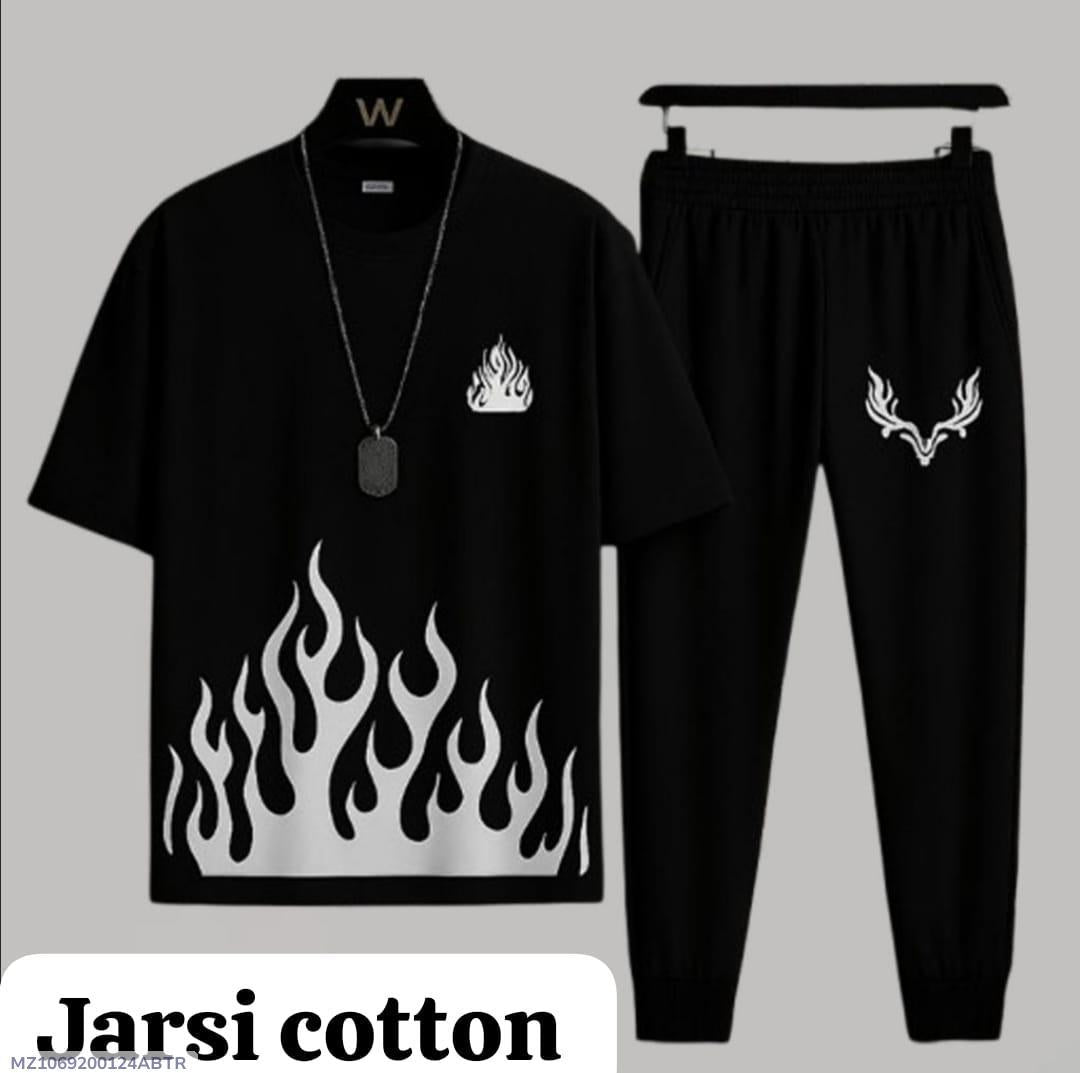 Men's Flame & Deer Print Cotton Track Suit - Black - view 5
