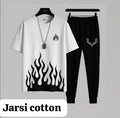 Men's Flame & Antler Print Track Suit - White & Black Cotton