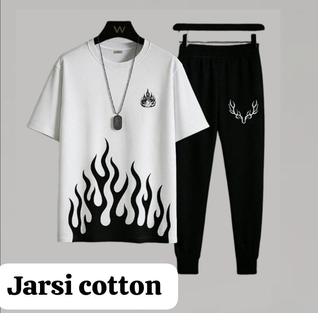 Men's Flame & Antler Print Track Suit - White & Black Cotton