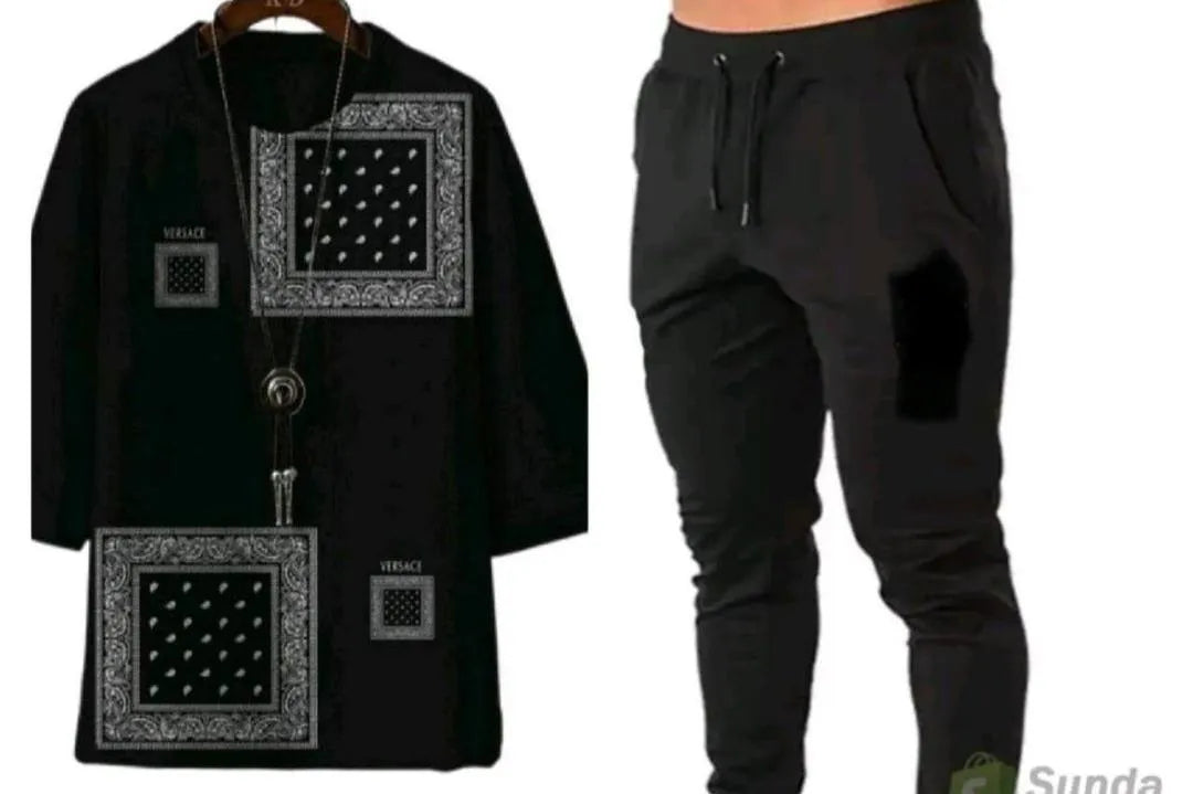 Men's Embroidered Hoodie & Pants Set - Black