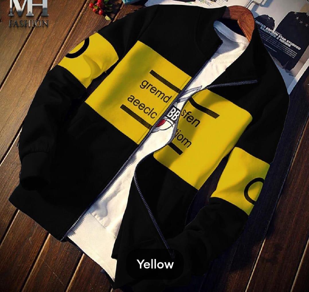 Men's Printed Fleece Hooded Jacket - Black and Yellow, Zip