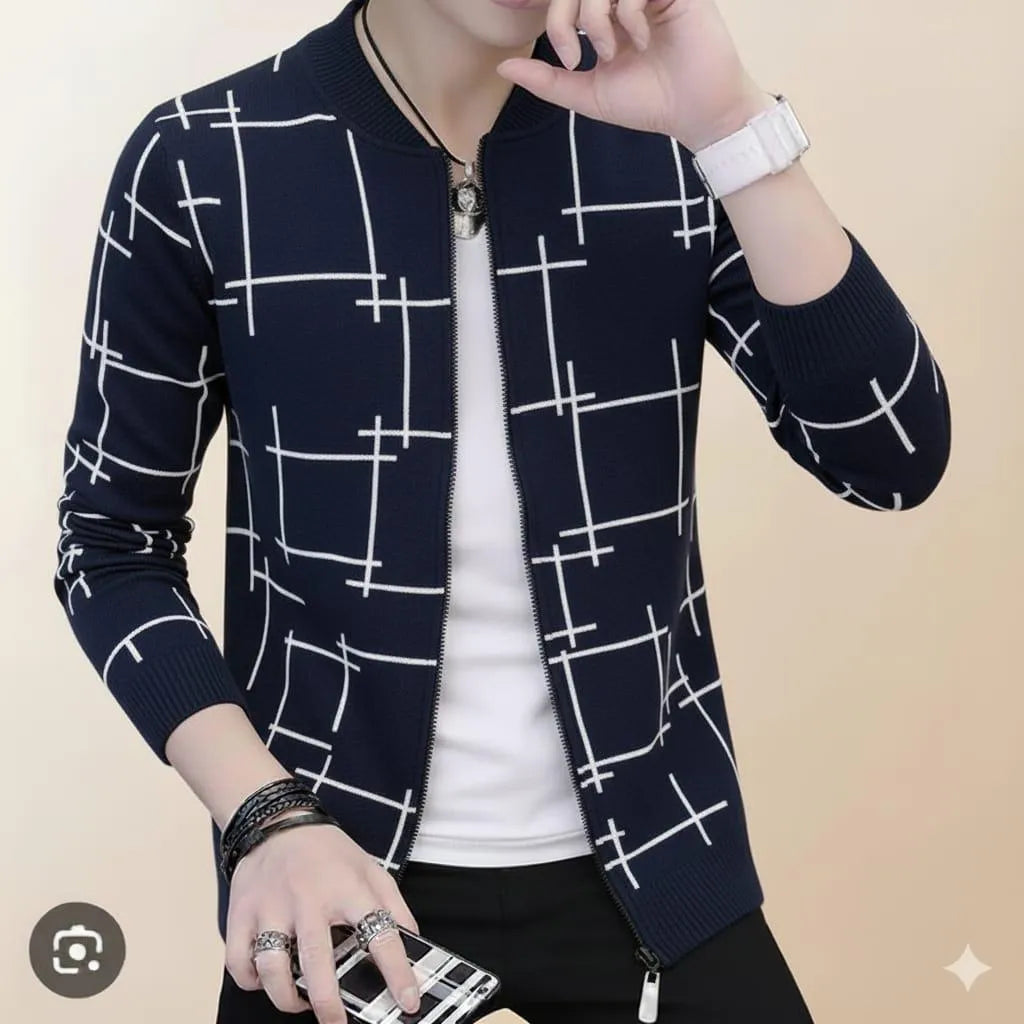 Men's Graphic Fleece Jacket - Blue, Slim Fit, M to XL