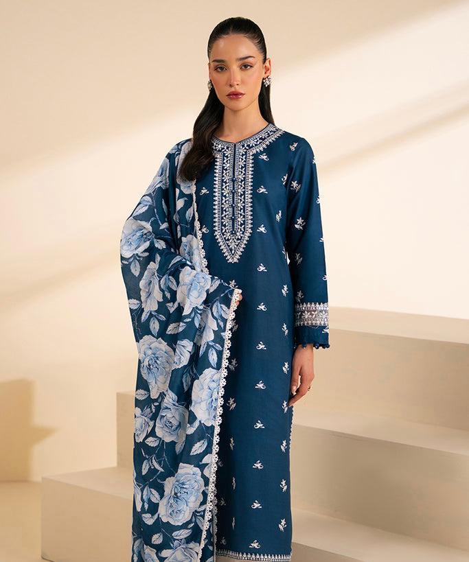 Unstitched Embroidered Lawn Suit - Blue, 3 Piece
