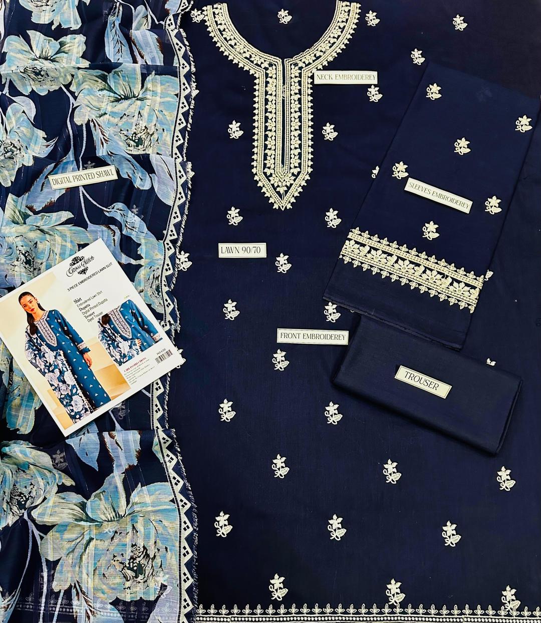 Unstitched Embroidered Lawn Suit - Blue, 3 Piece