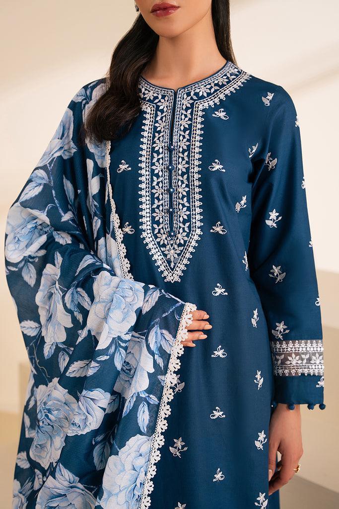 Unstitched Embroidered Lawn Suit - Blue, 3 Piece