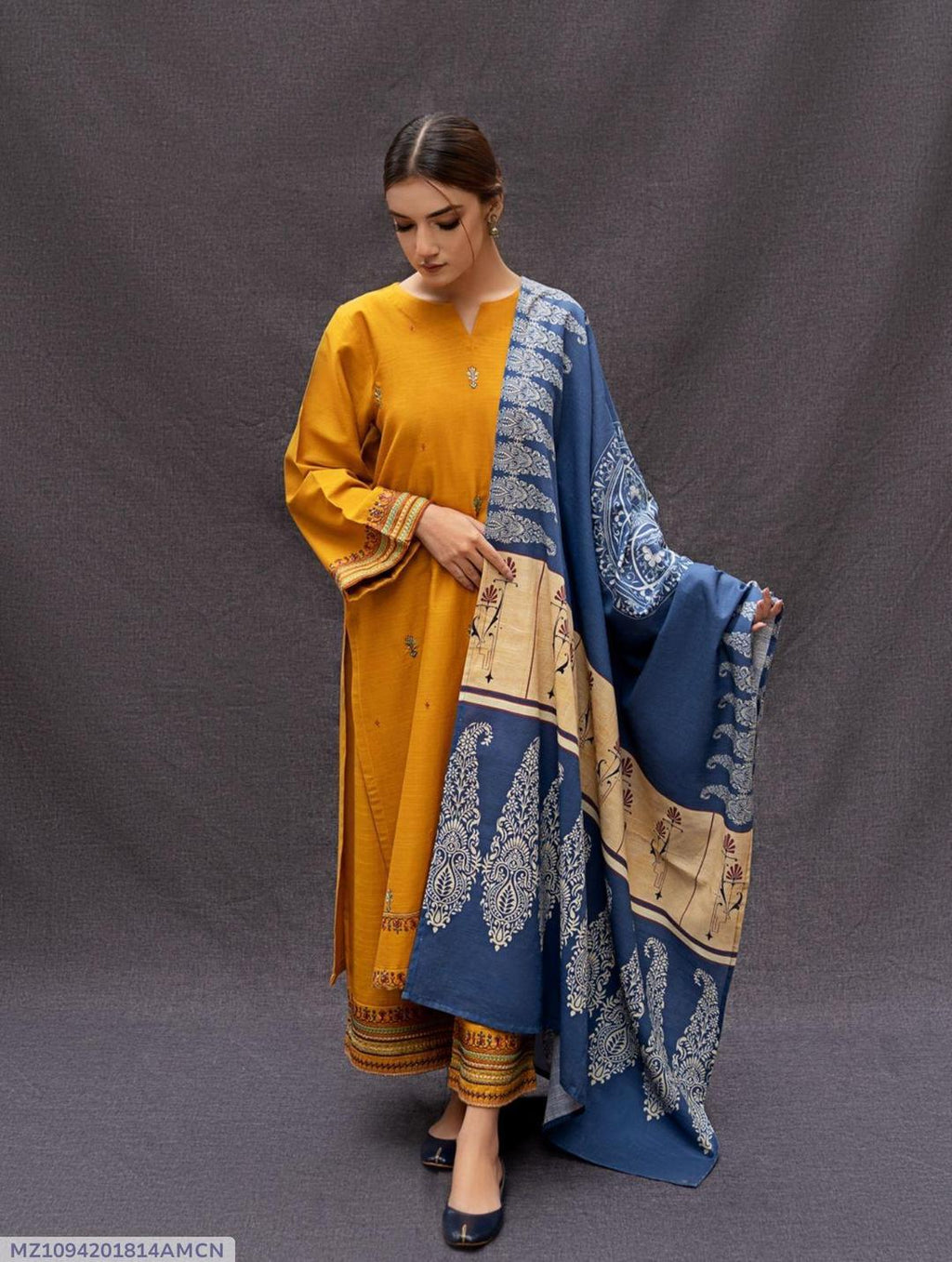 Mustard Embroidered Dhanak Suit - 3-Piece Unstitched - view 4