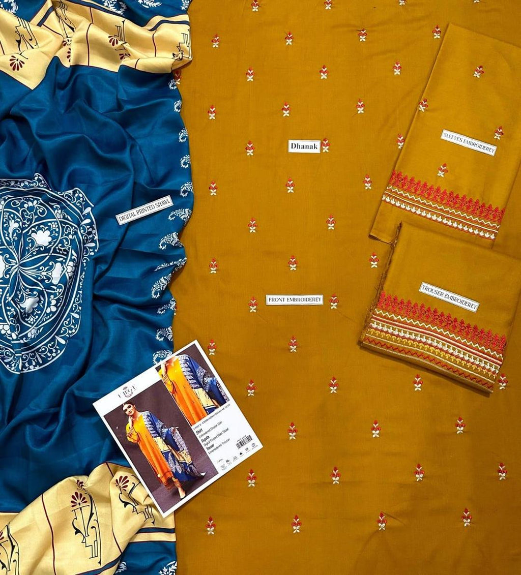 Mustard Embroidered Dhanak Suit - 3-Piece Unstitched - view 2