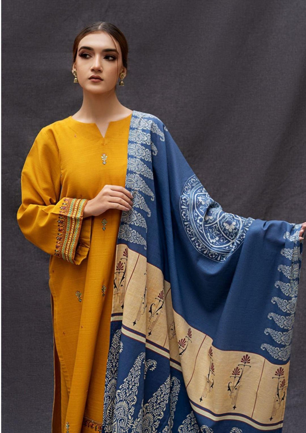 Mustard Embroidered Dhanak Suit - 3-Piece Unstitched - view 3