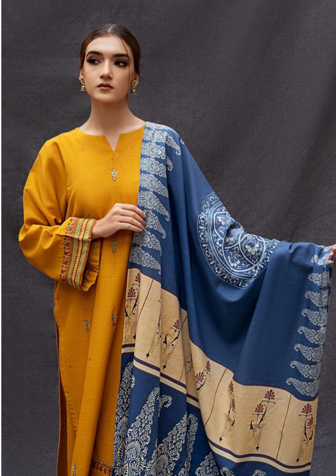 Mustard Embroidered Dhanak Suit - 3-Piece Unstitched - view 3