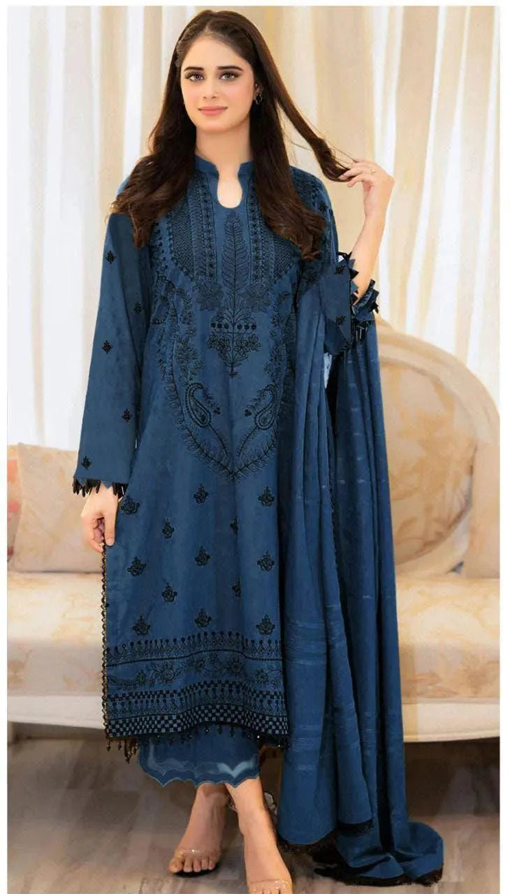 Unstitched Dhanak Suit - Blue, Embroidered, 3 Piece