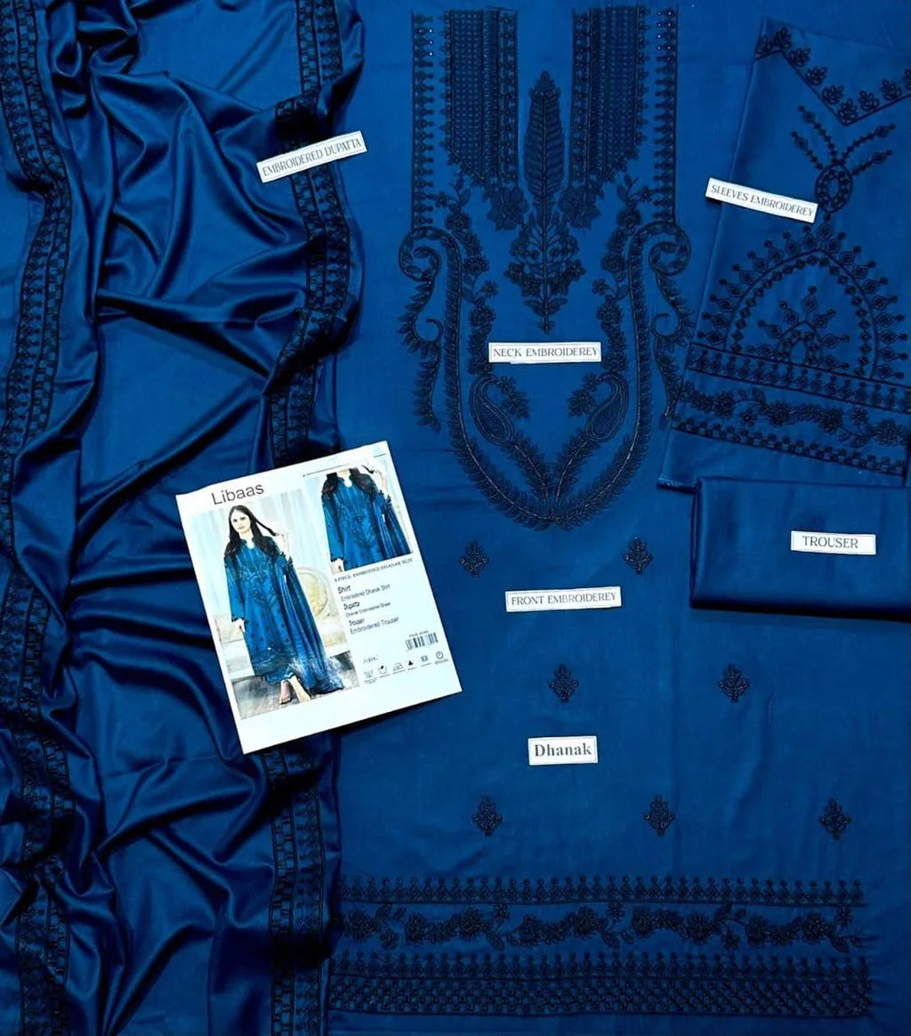 Unstitched Dhanak Suit - Blue, Embroidered, 3 Piece