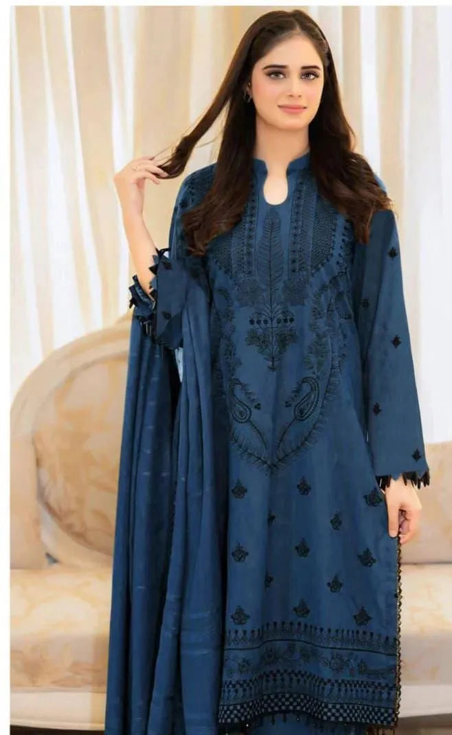 Unstitched Dhanak Suit - Blue, Embroidered, 3 Piece