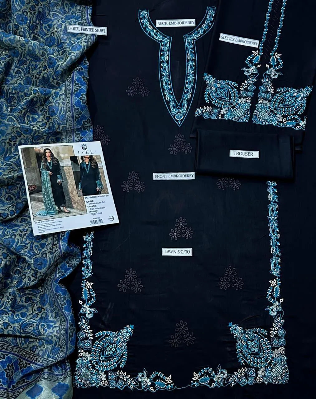 Unstitched Lawn Suit - Black, Embroidered, 3 Piece