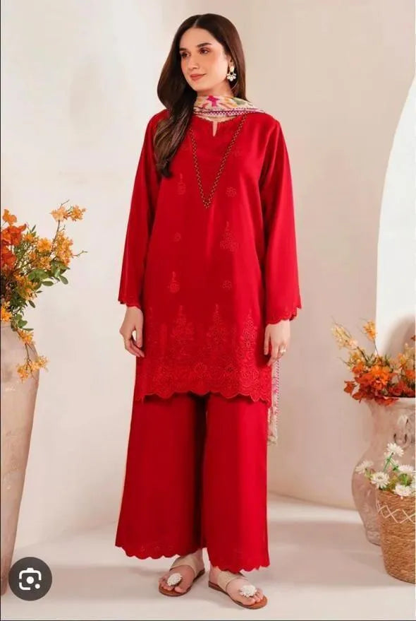 Red Chikankari Embroidered Lawn Suit - 3-Piece Unstitched
