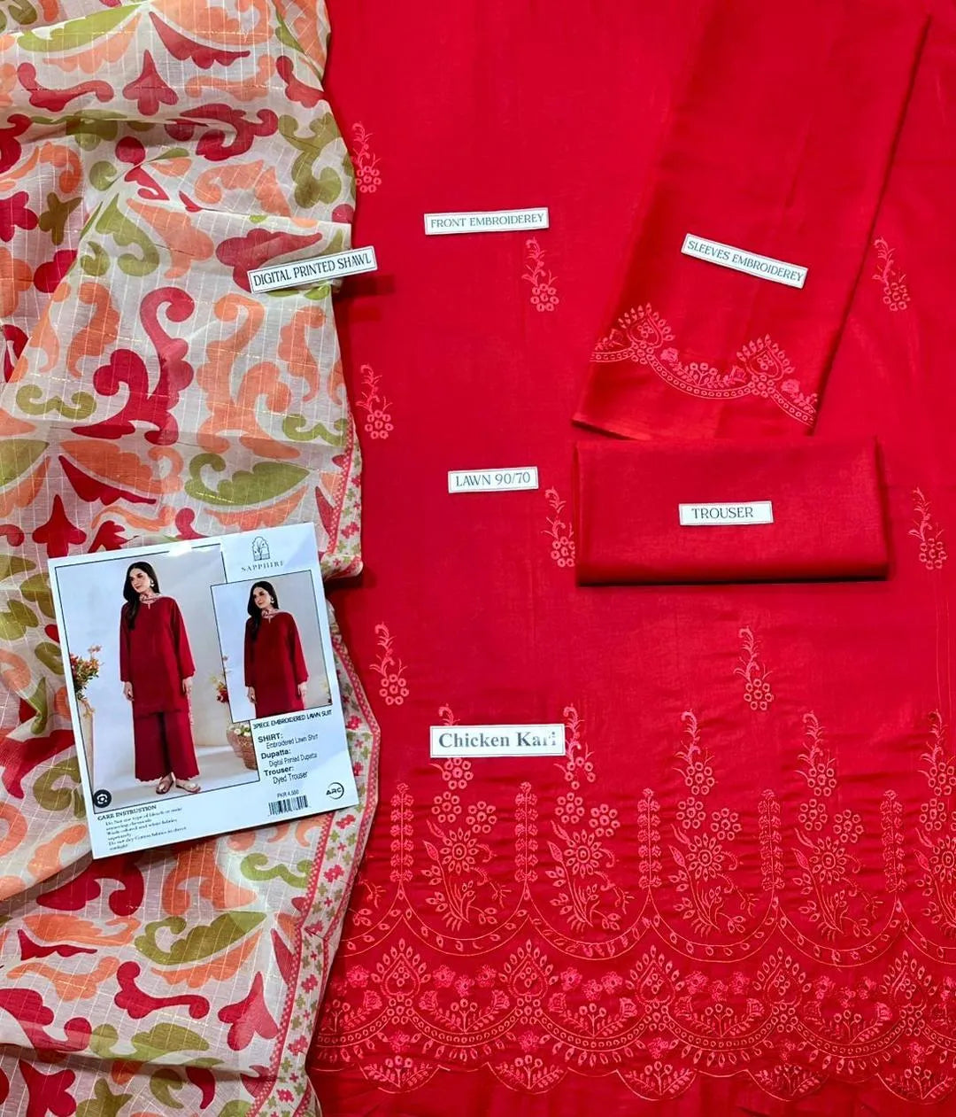 Red Chikankari Embroidered Lawn Suit - 3-Piece Unstitched - view 2