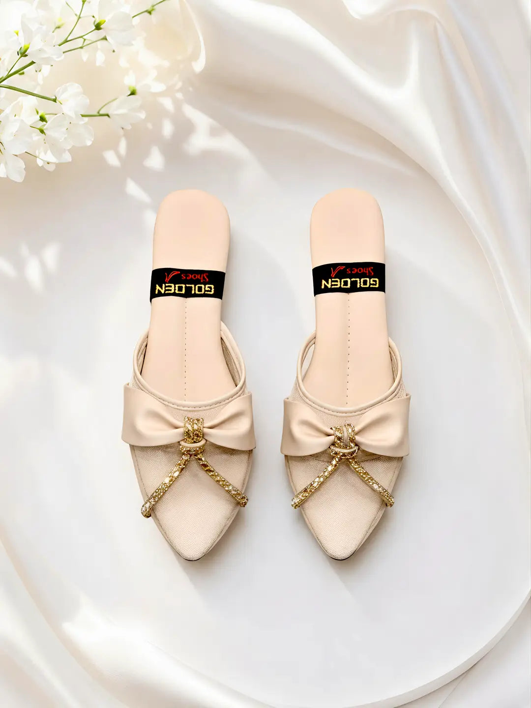 Women's Embroidered Flats - Golden Rexine, Size 7 to 9