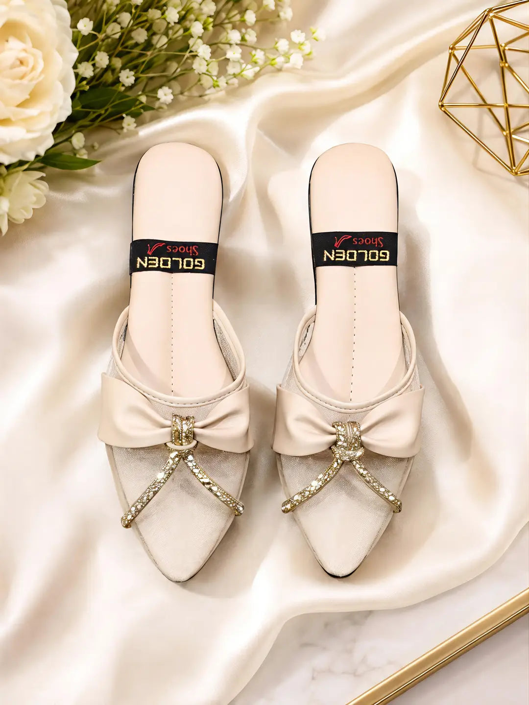 Women's Embroidered Flats - Golden Rexine, Size 7 to 9