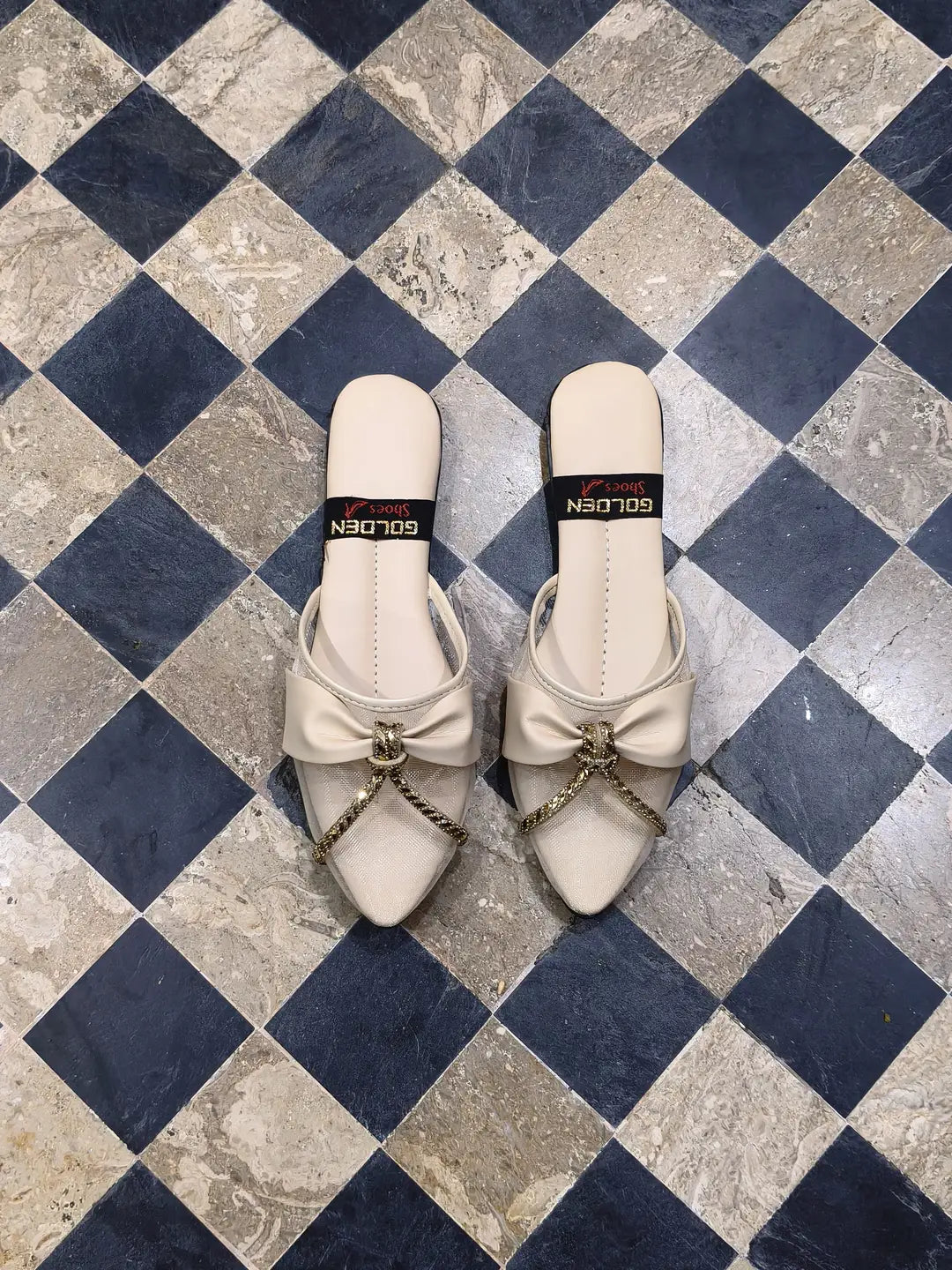 Women's Embroidered Flats - Golden Rexine, Size 7 to 9